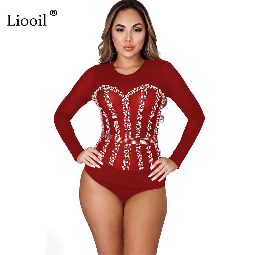 Liooil Mesh Sheer Bodysuits Sexy Tight Body Suit Top Long Sleeve See Through Bodycon Rompers Diamond Jumpsuits 210622