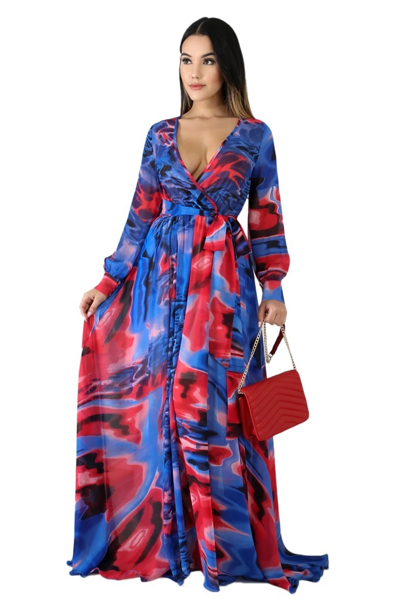 Women Dress V-neck Long Sleeve Plus Size Print Dresses Sexy Vintage Flowers Summer Clothes 210524