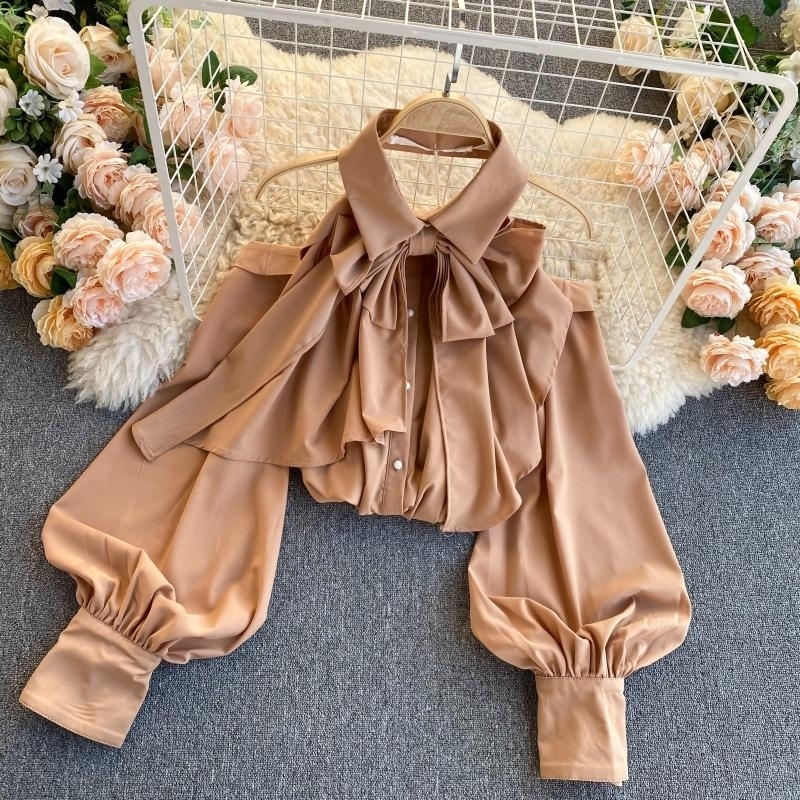2021 Spring Autumn New Blouse Women Halter Scheming Halter Shirt Bowknot Lapel Puff Sleeve Female Top C031 210317