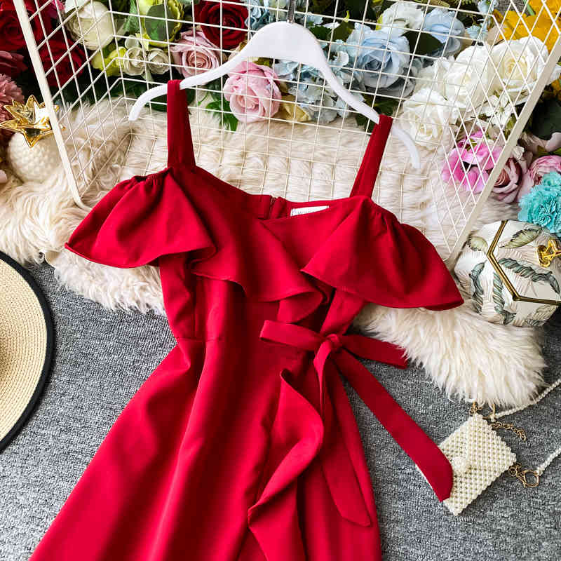 Summer Women Dress Sweet Off-shoulder Ruffled Dresses Korean Chic High Waist Ladies Bandage Party Vestidos 210519