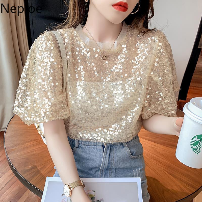 Neploe Summer Shirt Female Fashion Gauze Sequined Lantern Sleeve T Shirt Korean Loose Short Temperament Elegant Top Tees 210422