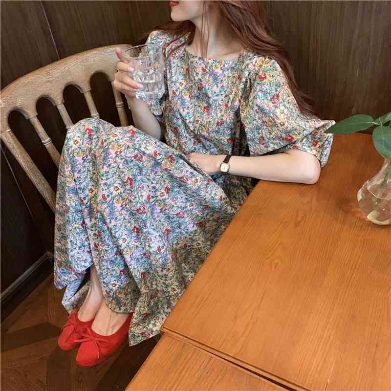 French Style Vintage Puff Sleeve Floral Print Dresses Women Midi Long Party Vestido Feminino for 14557 210506