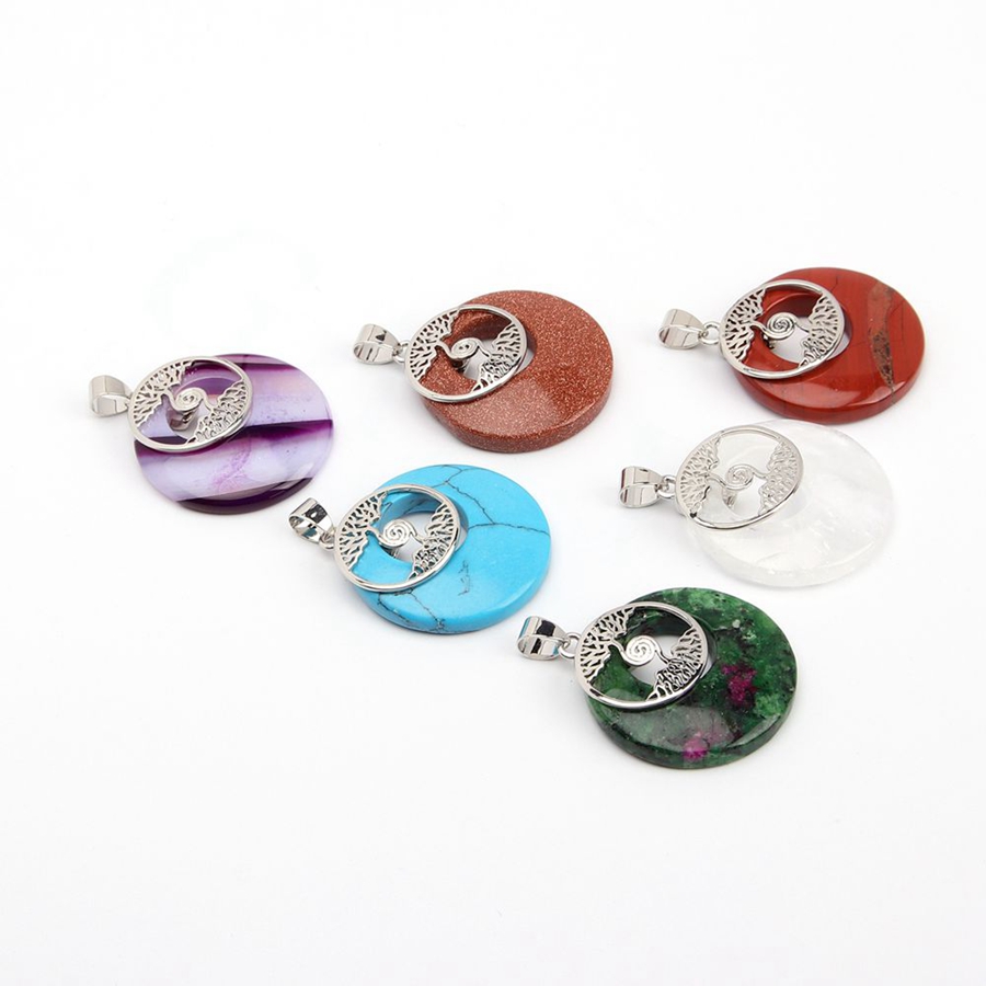 Natural Gemstone Life Tree Nostalgia Round Pendant Amethyst Rose Quartz Opal Obsidian Healing Crystal Necklace Charm Fashion Trend Reiki Stone Jewelry