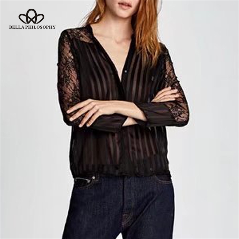 spring women black shirts lace patchwork vintage fashion V Neck long sleeve solid 210519 
spring women black shirts lace patchwork vintage fashion V Neck long sleeve solid 210519