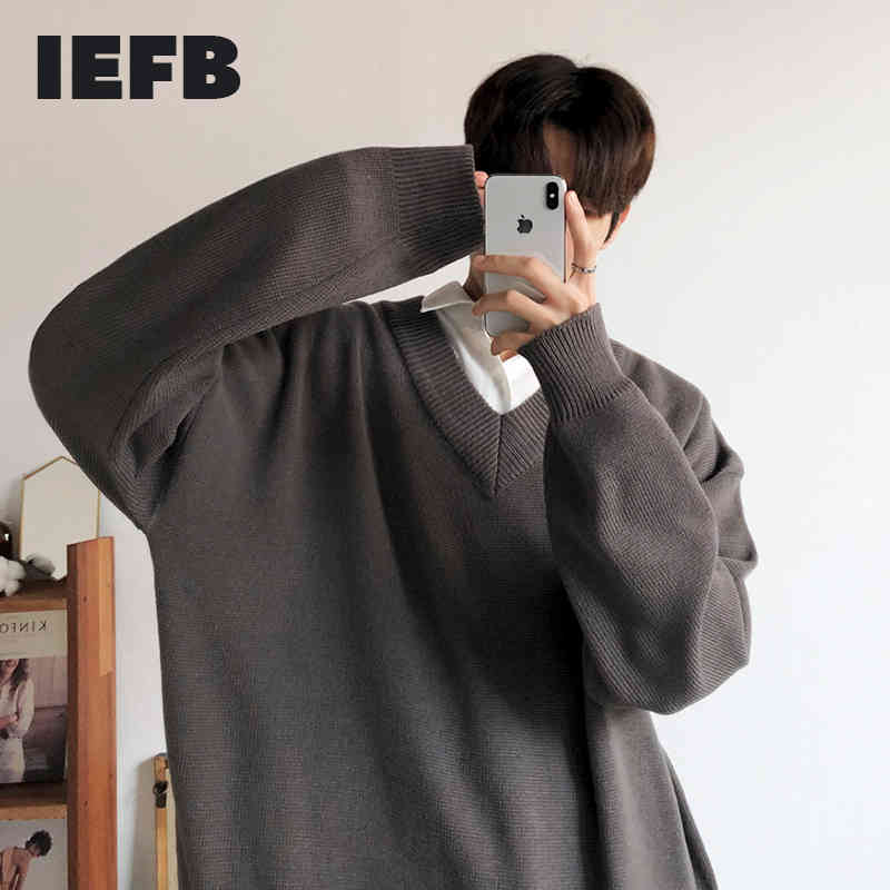 IEFB Loose V-Neck Sweater Men's Fashion Autumn Winter Korean Trend Thickened Bottomed Kintwear Oversized Clothes Male 9Y4492 210524