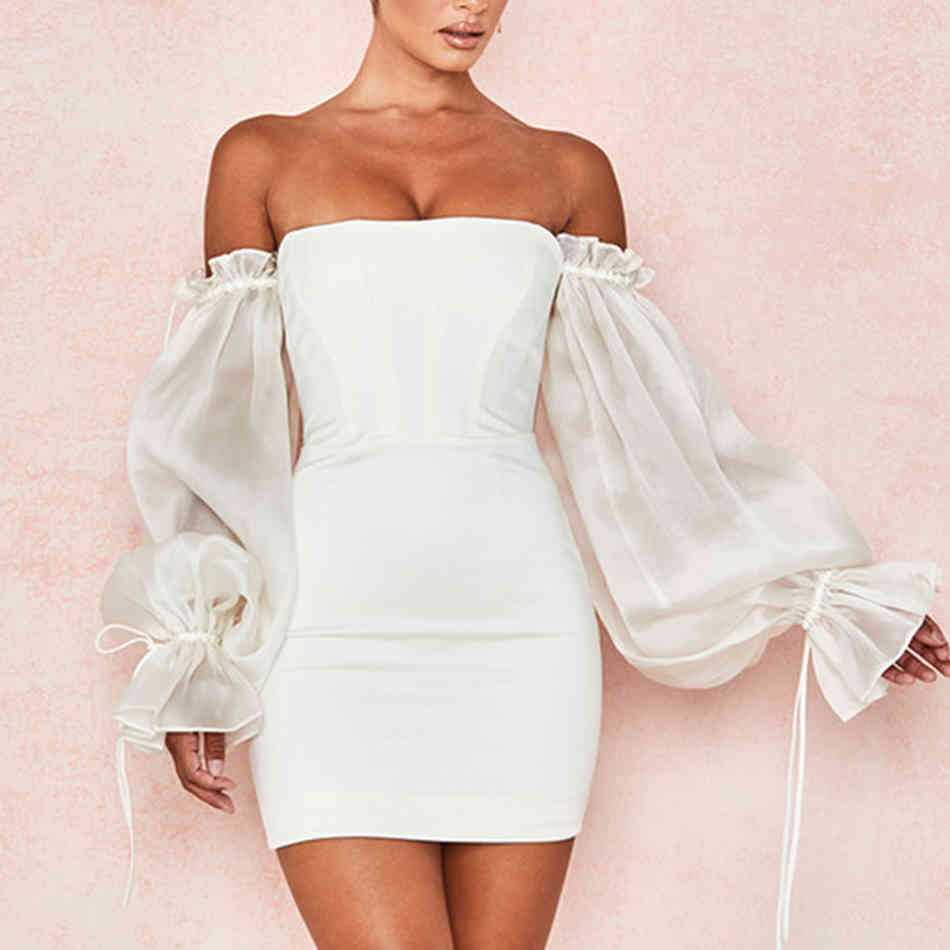 Autumn White Off Shoulder Bandage Dress Sexy Long Sleeve Lace Women Club Celebrity Runway Party Dresses Vestidos 210423