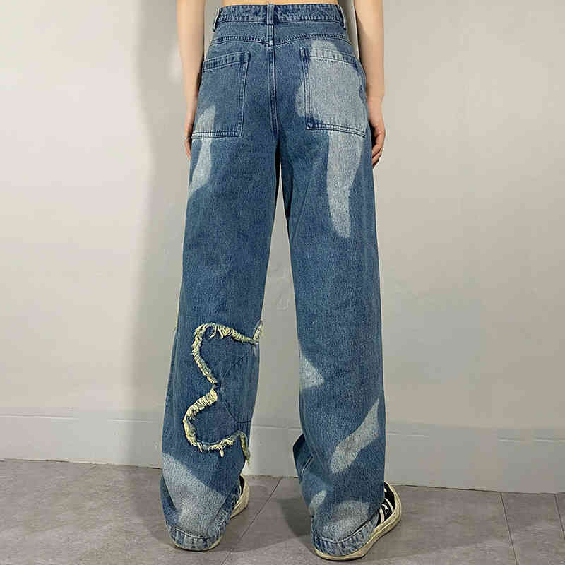 Big Hand Flower Appliques Jeans Women's Spring Straight Wash Multi-layer Wide Leg Denim Pants Female 5B350 210427