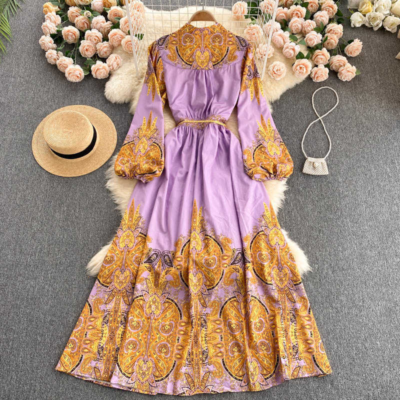 DEAT Women Printing Midi-long Dress V-Neck Long Sleeve Arrivals Lady Temperament Fashion Spring Autumn 11D1867 210709