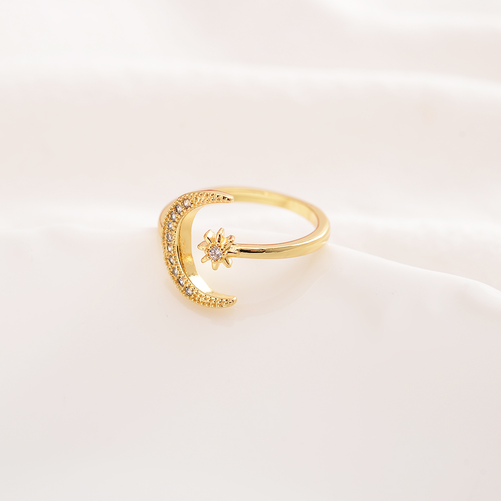 Fashion Minimalist CZ Stones Moon Star Opening 24 K KT Fine Solid Gold GF Ring Charming Women Party Jewelry Cute Gift
