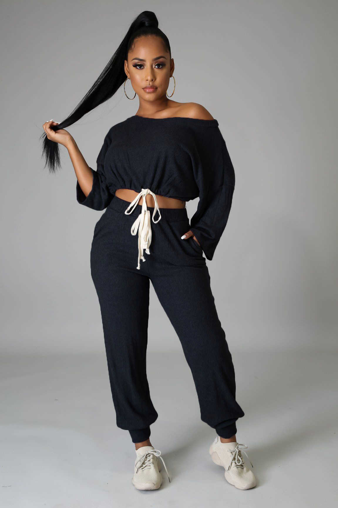 Designers Women Clothes 2023 solid rib off shoulder strap loose casual pants two piece set