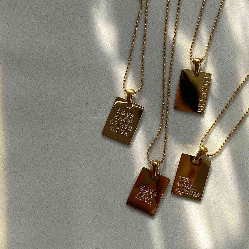 2021 New Stylish Hiphop Personal Engraved Letter Message Square Pendant Necklace Beads Chain Stainless Steel Gold Necklace Y220223