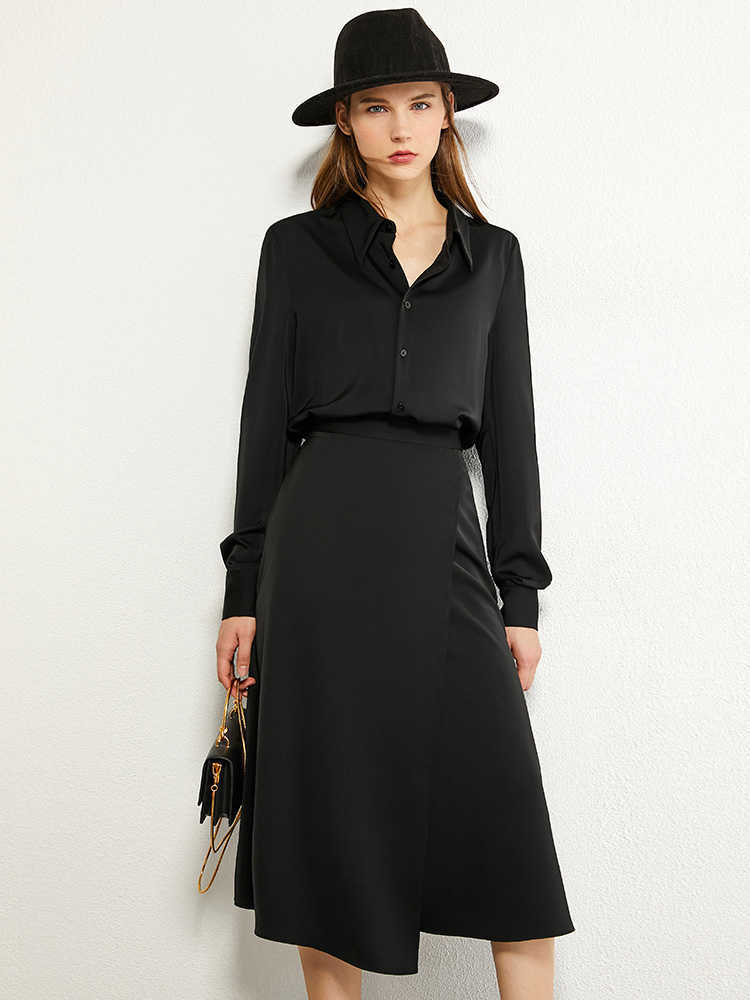 Minimalism Autumn Causal Women Set Solid Bow Neck Full Sleeve Loose Blouse High Waist Irregular Hem Female Skirt 12030517 210527