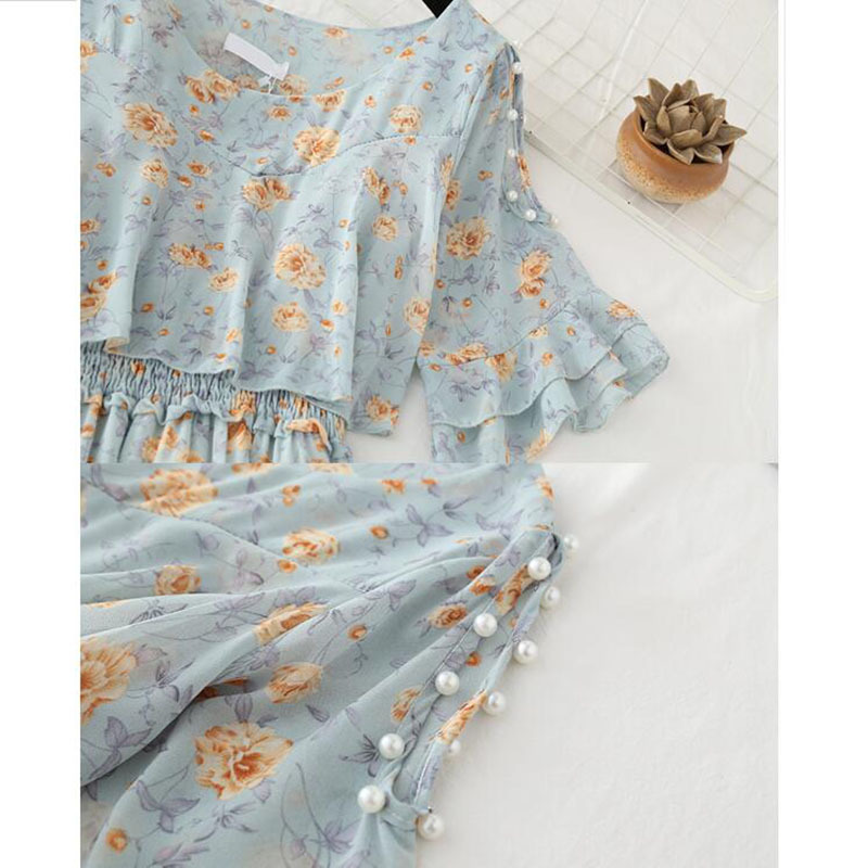 Floral Print Chiffon Dress Summer Fashion Flare Sleeve O-Neck Dew Party Vestidos Elegant Women Midi Dress 210521