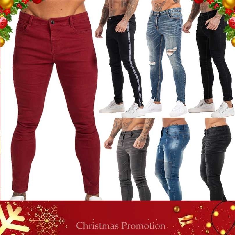 GINGTTO Jeans for Men Pants Elastic Waist Skinny Mens Stretch Ripped Streetwear Denim Blue 211111