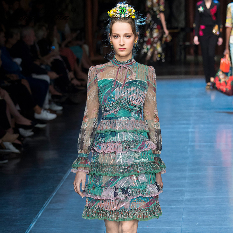 Fashion Cotton dress Autumn Women's Dress Flare Sleeve Print Lurex Mesh Pearl Beaded Cascading Ruffle Elegant Dresses 210524