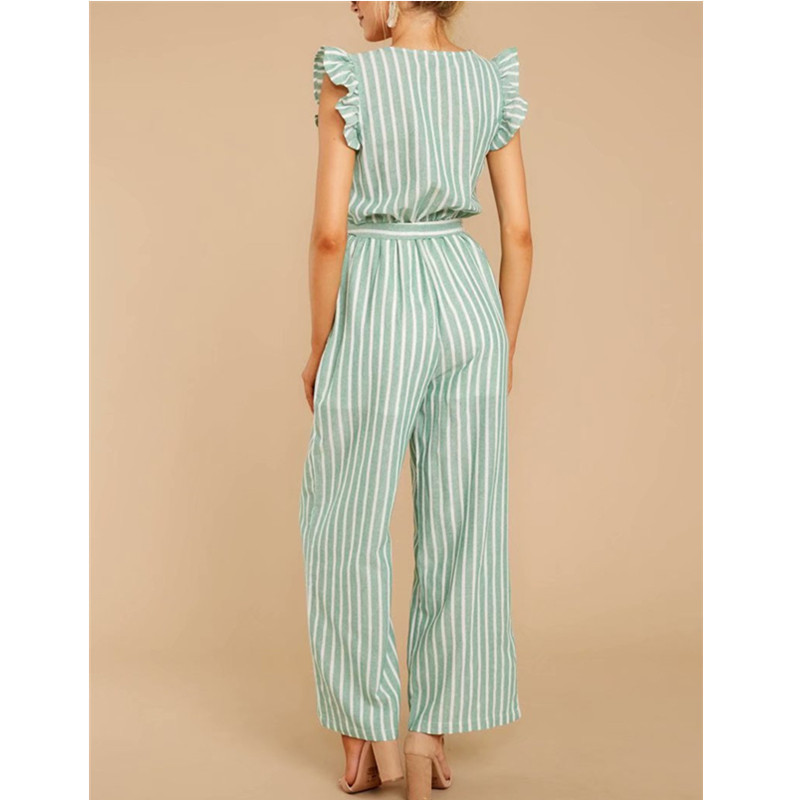 Casual Women V Neck Stripe Jumpsuits Summer Fashion Ladies Ruffles Beach Rompers Female High Waisted Lacing Jumpsuit 210515