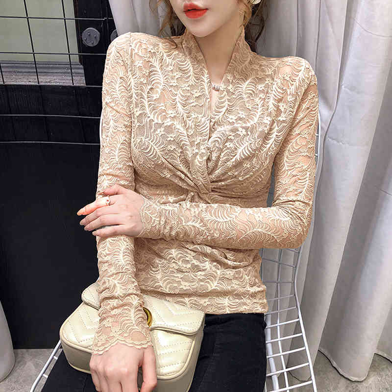 Tight Hollow Lace Shirts Spring and Autumn Long Sleeve Top Female Vintage Sexy Cross V-neck Bottoming Shirt 10634 210518