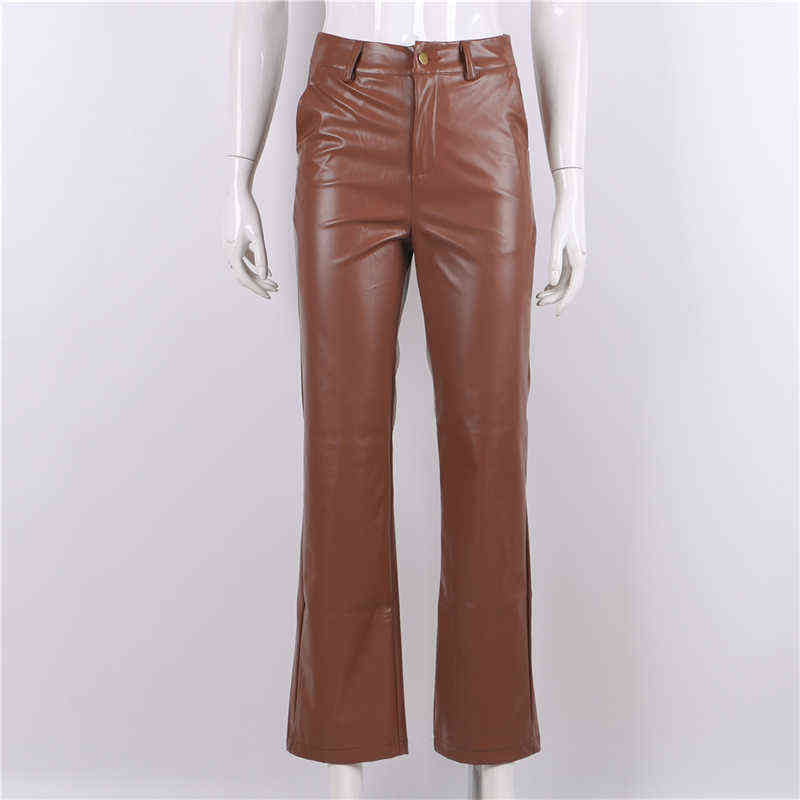 Europe High Waist Clubwear PU Leather Pants Zip Front Pockets Classic Pure Wide Legs Sexy Brown Winter Women Trousers 211115