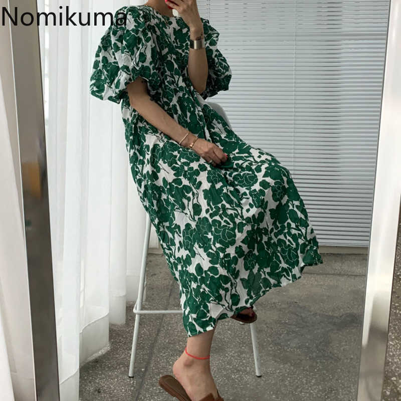 Nomikuma Summer Robe Femme O Neck Puff Sleeve Dress Women Casual Loose Floral Printed Dresses Female Korean Vintage Vestidos 210630