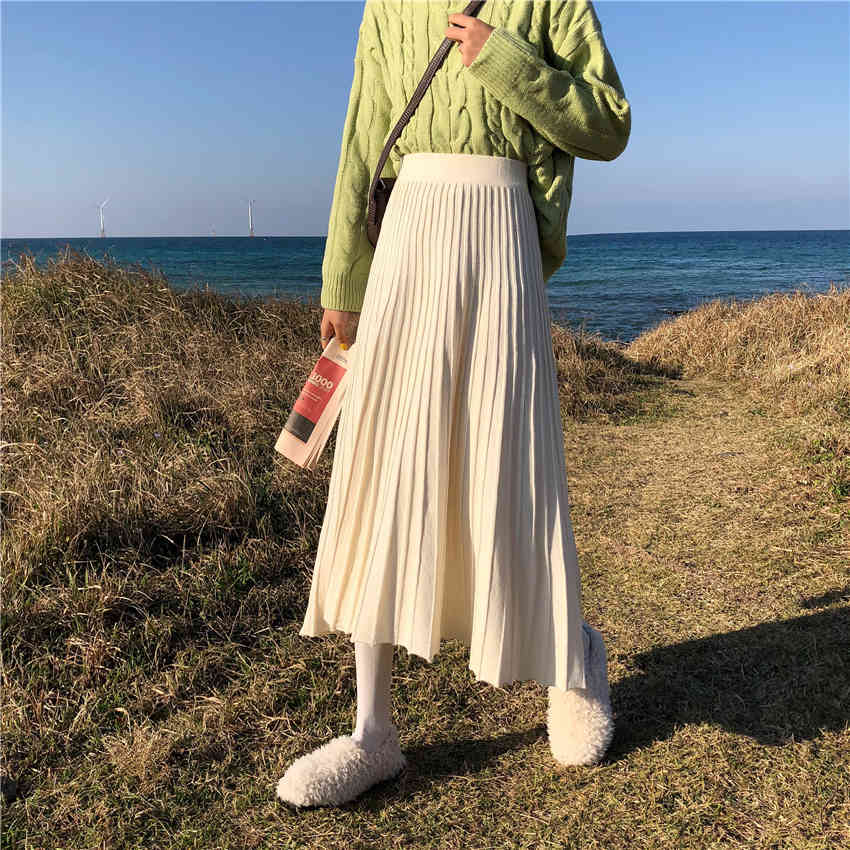 Nomikuma High Waist Women Sweater Skirts Causal Solid Korean Pleated A-line Skirt Autumn Winter Mujer Faldas New 6D292 210427