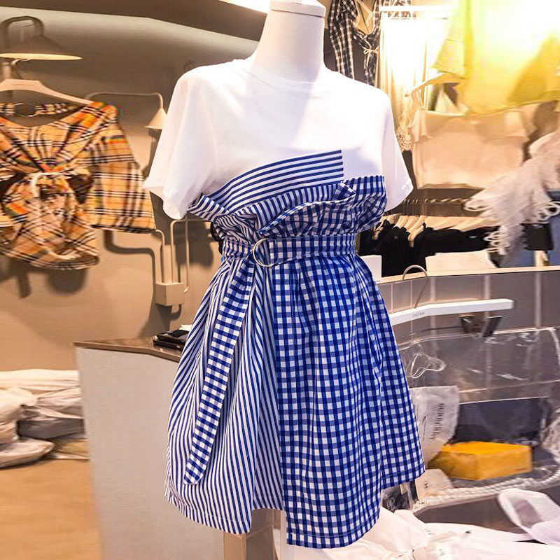 Spring Summer Irregular Plaid Patchwork Fake Two Short Sleeve O Neck T-shirt Dresses for Women 210615, White
Spring Summer Irregular Plaid Patchwork Fake Two Short Sleeve O Neck T-shirt Dresses for Women 210615, White
