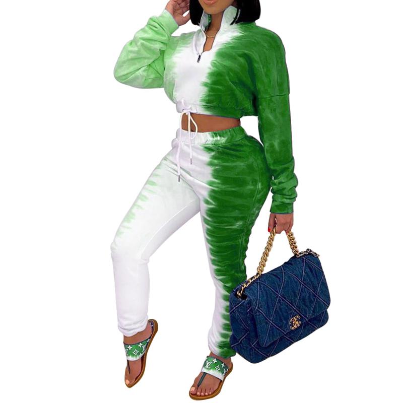 Women 2PC Tracksuit Sets Tie-dye Color Gradient Clothes Zipper Lapel Long Sleeve Crop Sweatshirt Tops/Elastic Waist Pants Women's Tracksuits