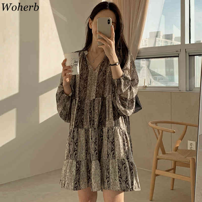 Vestidos Mujer Summer V Neck Printed Vintage Dress Indie Folk Lantern Sleeve Loose Korean Fashion Dresses Women 210519