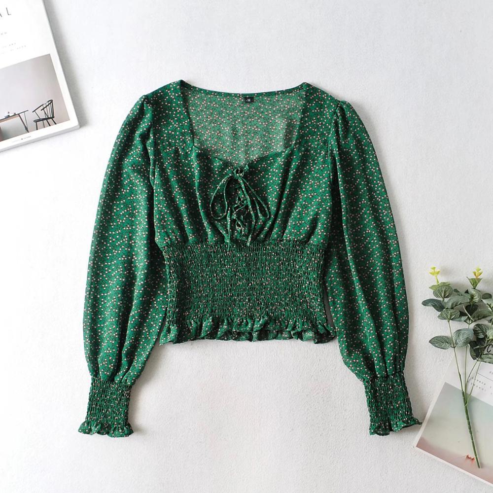Spring Green Floral Print Crop Shirt Women Sexy Lacing up Tie Bow Square Collar Elastic Waist Slim Fit Blouse French Tops 210429