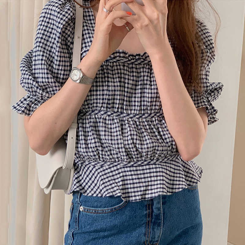 Korejpaa Women Shirt Summer Korean Chic Gentle Sweet Square Collar Plaid Wood Ear Stitching Pleated Puff Sleeve Blouses 210526