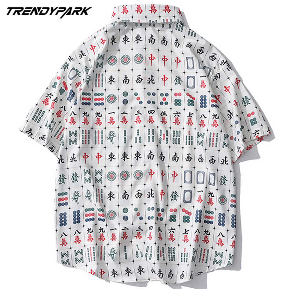 Fashion Men's Short Sleeve Shirts Funny Chinses Mahjong Print Streetwear Single-breasted Harujuku Shirts for Men Tops 210601
