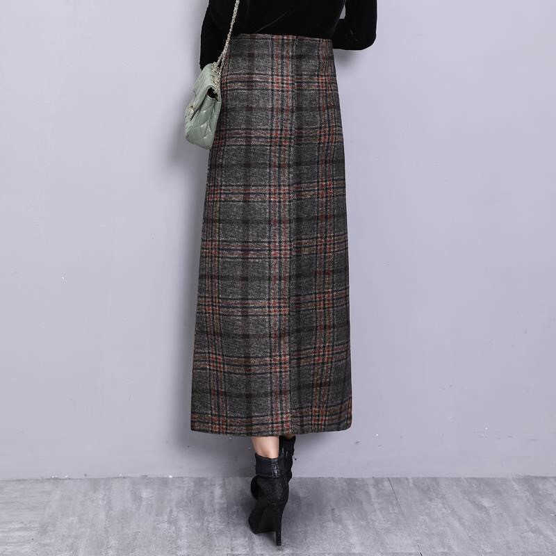 Elegant Retro Female Hight Waist Woolen Long Plaid Skirt Women Casual Straight Vintage Fashion Maxi Jupe Longue Femme Slim 210619