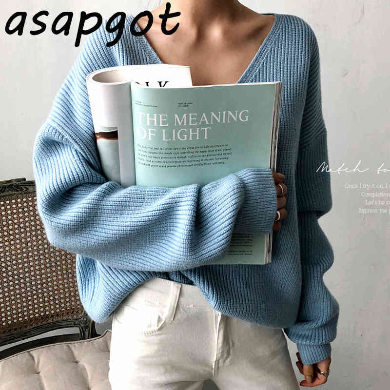 Sweaters&Jumpers Minimalism Temperament Simple V Neck Loose Chic Irregular Hem Solid Color Sweater Pullovers White Knitted Tops 210429
