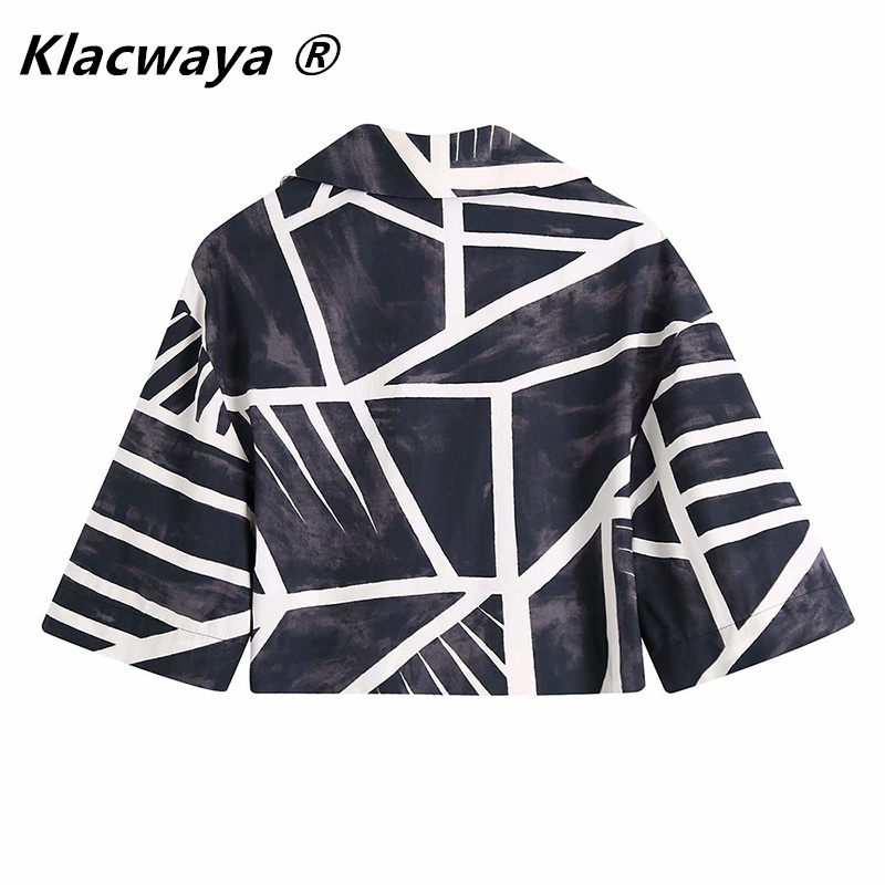 Women Vintage Black White Tie Dyed Printing Hem Knot Short Smock Blouse Female Kimono Shirts Chic Crop Blusas Tops 210521