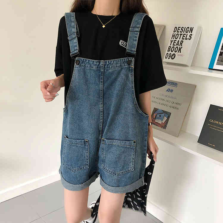SML Summer korean preppy style Jumpsuit Denim Overalls Casual Girls vintage roll up wide leg Jeans Shorts womens (78121) 210423