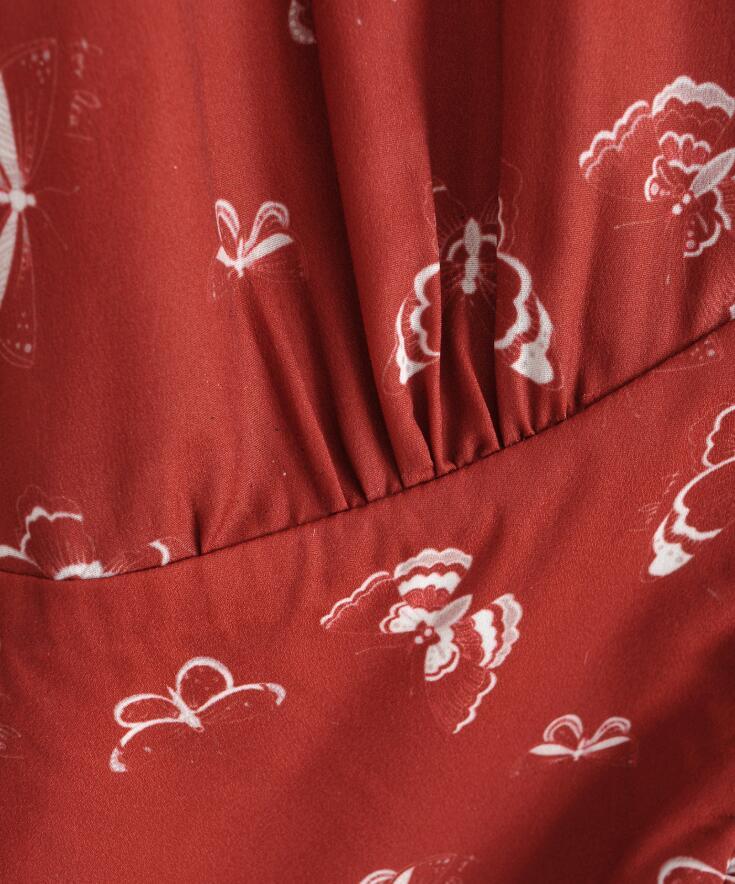 France Retro Long Puff Sleeve Floral Print Shirt Red Women Single-breasted buttons Slim Waist Short Blouse Girl's Tops 210429