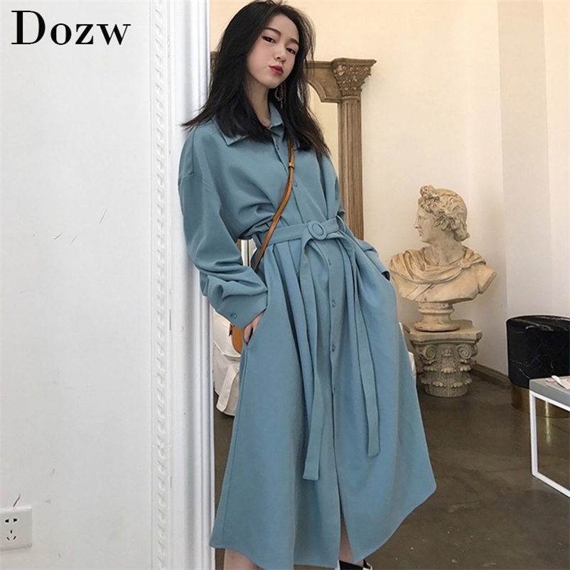 Autumn Winter Women Dress Solid Elegant Long Shirt Female Sleeve Bandage Casual Outwear Split Vestidos 210515