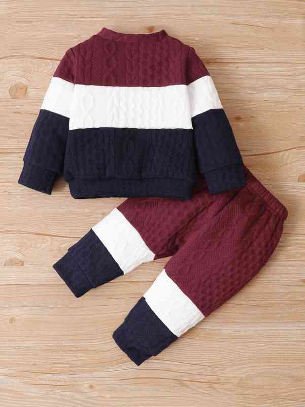 Baby Color Block Cable Textured Pullover & Sweatpants SHE