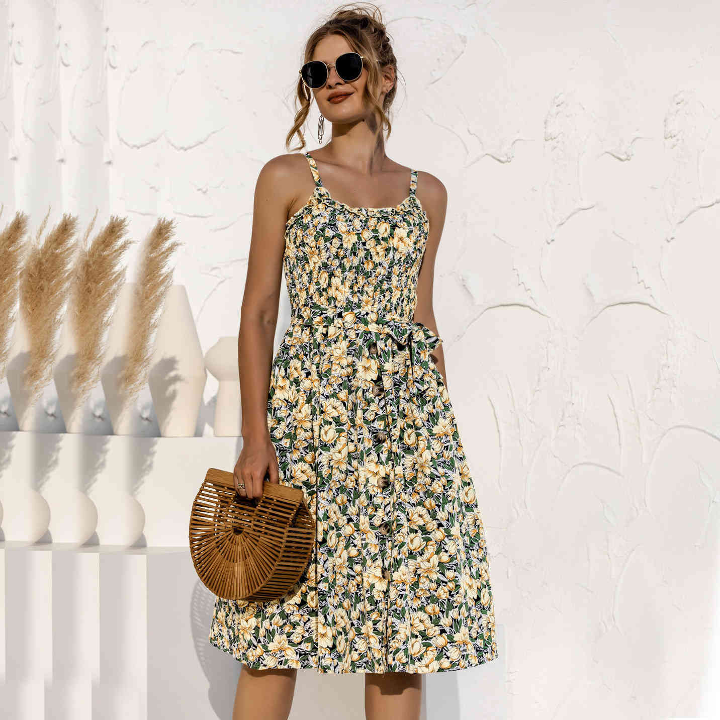 Women printed Dress Summer Spaghetti Strap Camisole A-Line Slim Dot Printing Ruffles Casual Women's pleated holidays beach 210524