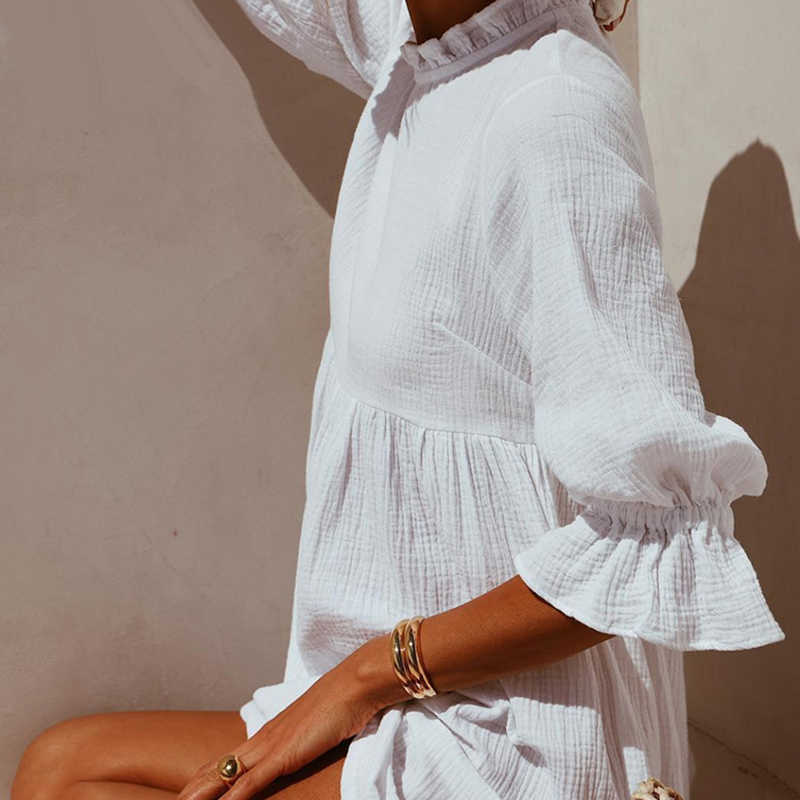 Women Mini Dress Casual Stand Collar Ruffles Half Sleeve Elastic Breathable Loose Streetwear Outfits Elegant Solid A-line Dress 210630