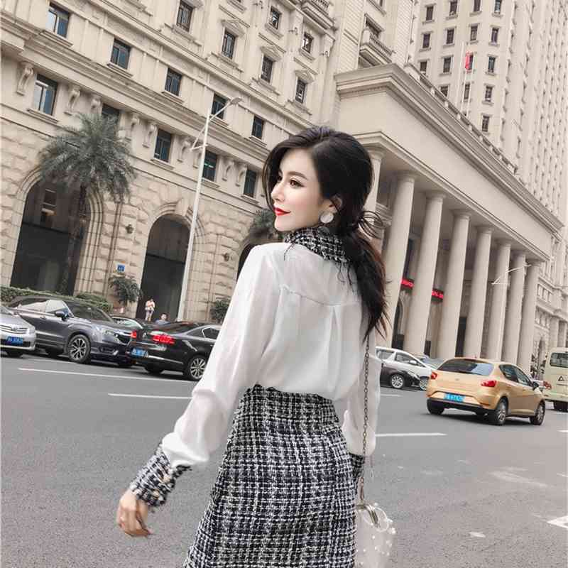 Autumn And Winter Elegant Women Two Piece Set Tweed Tassels Shirt Top + Double-Breasted Woolen Mini Skirt Suit 210520