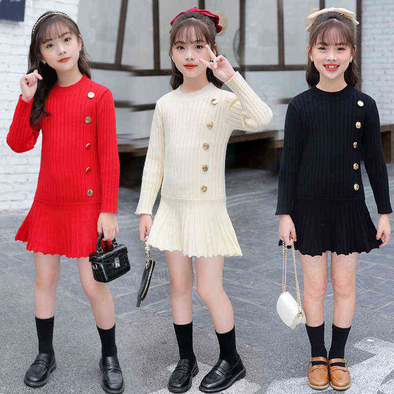 Autumn Big Girls Christmas Dress Winter Knit Sweater es Baby ' Button Red Black Fashion Kids Clothes 211104