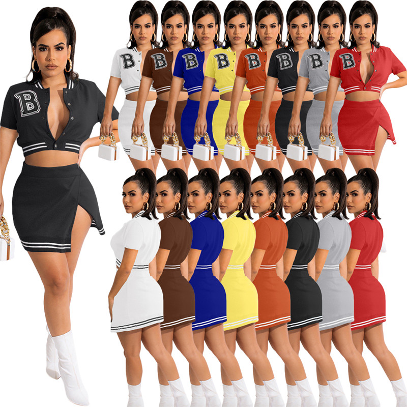 New Summer Women outfits dress Two Piece Sets Baseball Jacket Shirt Mini Skirt Matching Set Short Sleeve Dresses Suits Wholesale casual tracksuits 692