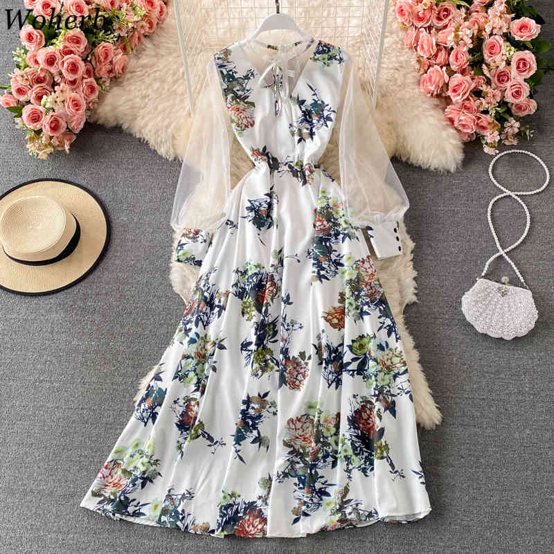 Women Dress Spring Gauze Patchwork Floral Chiffon Dresses Vintage Elegant Long Sleeve Large Swing Vestidos Mujer 210519
