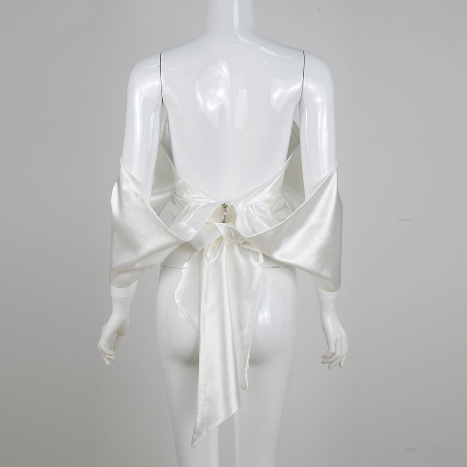 Free Women's Satin Shirt White Sexy Strapless V-neck Card Shoulder Open Back Lace-Up Top Club Party 210524