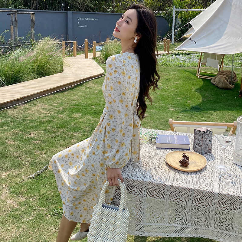 Spring Summer Dress Yellow Floral Print Loose Square Collar Lace Up Sweet Casual Cute Girls Fresh Dresses Women Outfits 210601