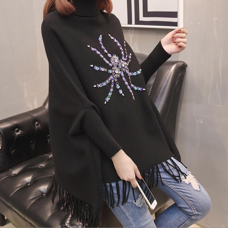Fringed Sweater Bat Sleeves Autumn High Collar Cloak Shawl Loose Slim Women 210427