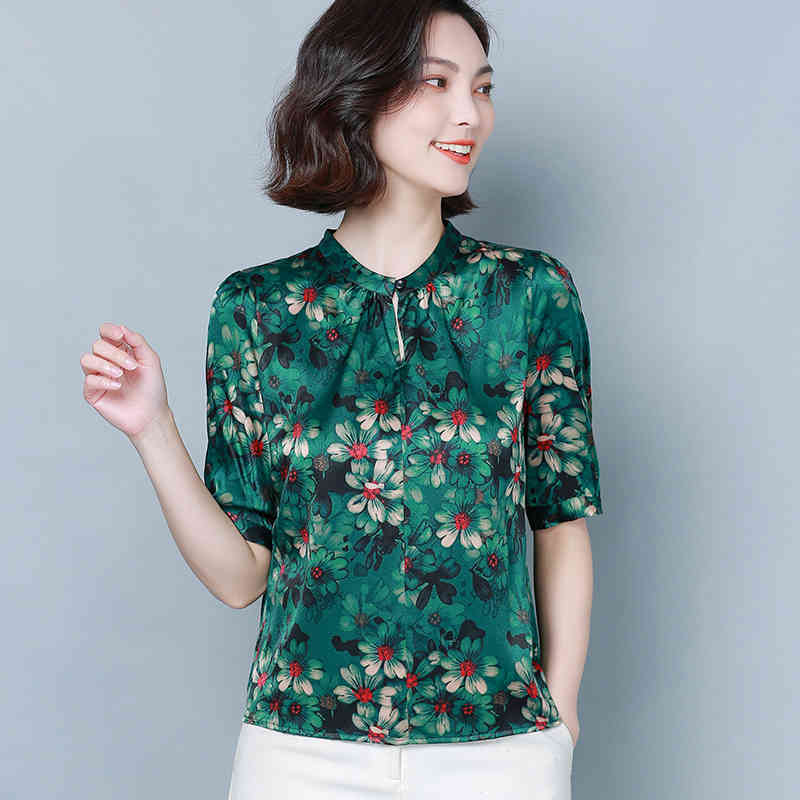 Fashion Silk Blouse Blusas Mujer De Moda Women Summer Plus Size Tops Vintage Print Stand Clothes 4XL Shirt 8910 50 210506