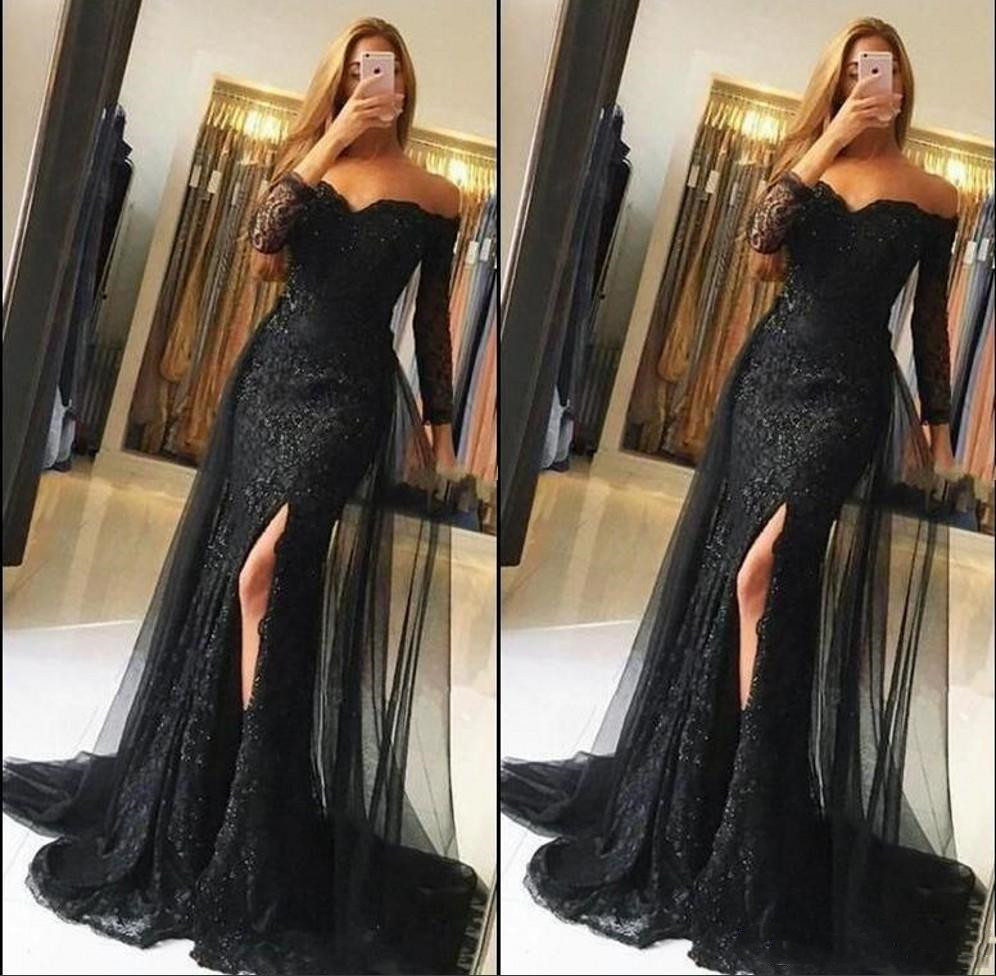 Black Lace Prom Dresses Off Shoulder Long Sleeves Mermaid Evening Gowns Sexy Side Split Party Dress Custom Made