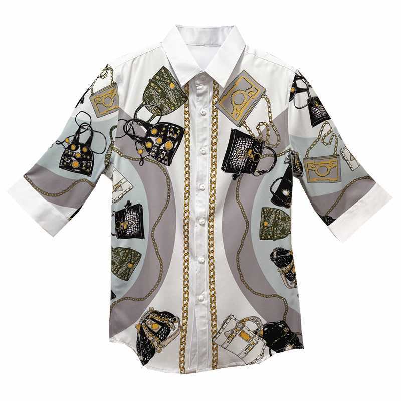 Chain Printing Shirt Men Half Sleeve Casual Slim Fit Dress Shirts Streetwear Night Club Blusa Camisas Para Hombre 210527