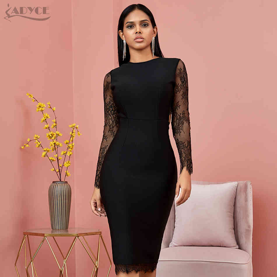 Summer Lace Long Sleeve Bandage Dress Women Sexy Hollow Out Black Club Midi Celebrity Evening Party Vestido 210423